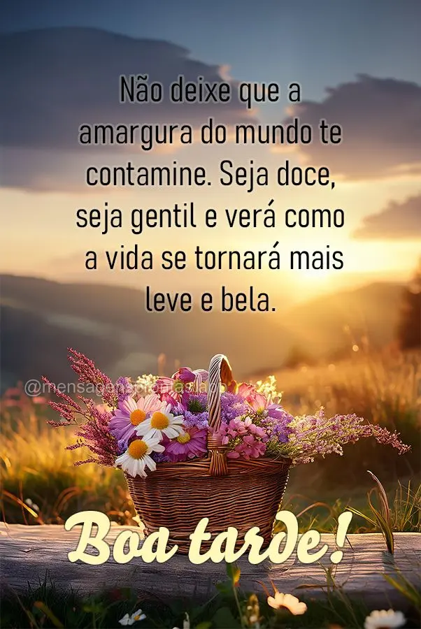 Não deixe que a amargura do mundo te contamine. Seja doce, seja gentil e verá como a vida se tornará mais leve e bela.  Boa tarde!