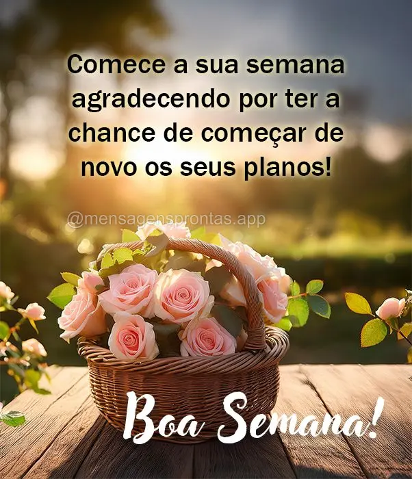 Comece a sua semana agradecendo por ter a chance de começar de novo os seus planos! Boa Semana!