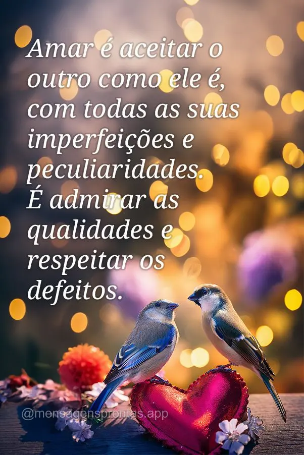 Amar é aceitar o outro como ele é, com todas as suas imperfeições e peculiaridades. É admirar as qualidades e respeitar os defeitos.