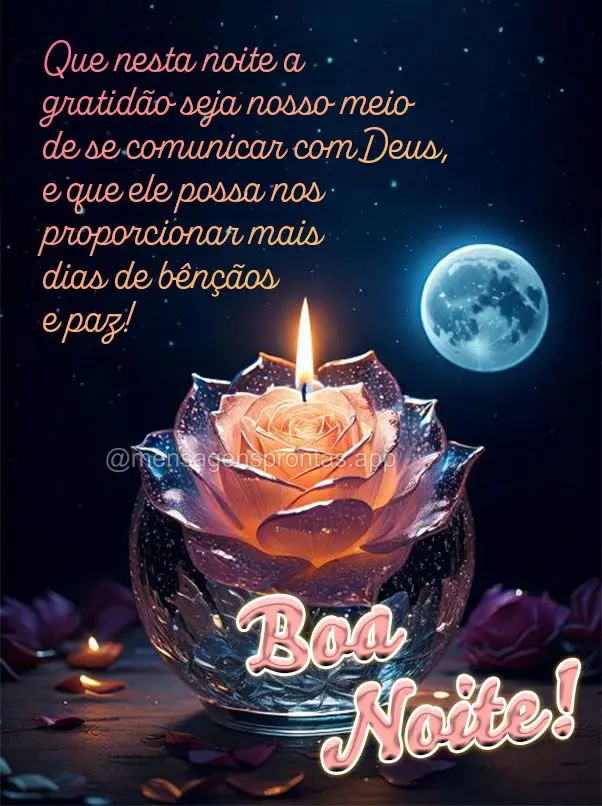 Que nesta noite a gratidão seja nosso meio de se comunicar com Deus, e que ele possa nos proporcionar mais dias de bênçãos e paz! Boa noite!