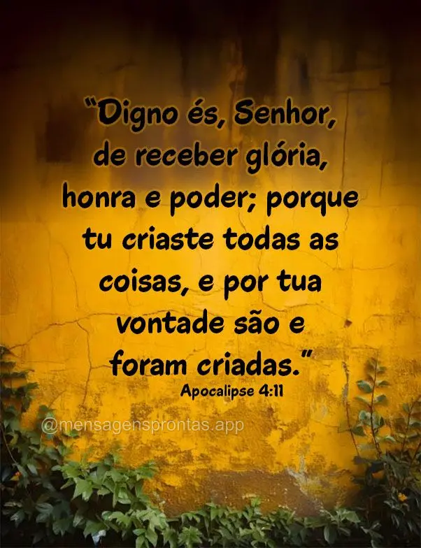 “Digno és, Senhor, de receber glória, honra e poder; porque tu criaste todas as coisas, e por tua vontade são e foram criadas.” Apocalipse 4:11