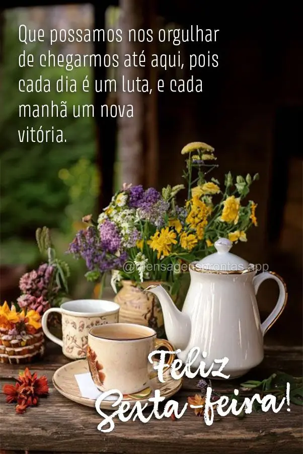 Que possamos nos orgulhar de chegarmos até aqui, pois cada dia é um luta, e cada manhã um nova vitória.  Feliz Sexta-feira!