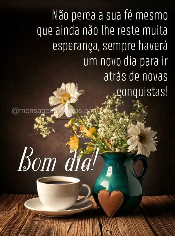 Não perca a sua fé mesmo que ainda não lhe reste muita esperança, sempre haverá um novo dia para ir atrás de novas conquistas! Bom dia!