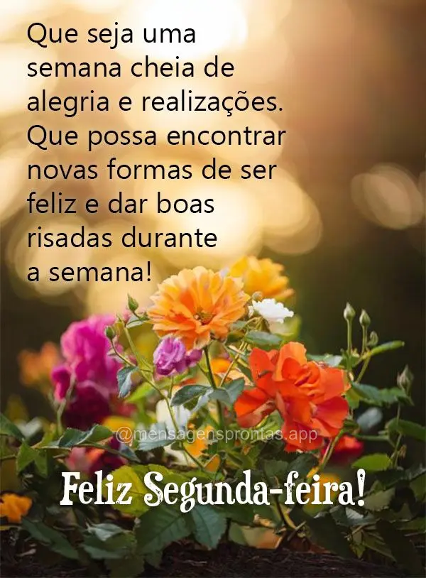 Que seja uma semana cheia de alegria e realizações. Que possa encontrar novas formas de ser feliz e dar boas risadas durante a semana! Feliz Segunda-fe...