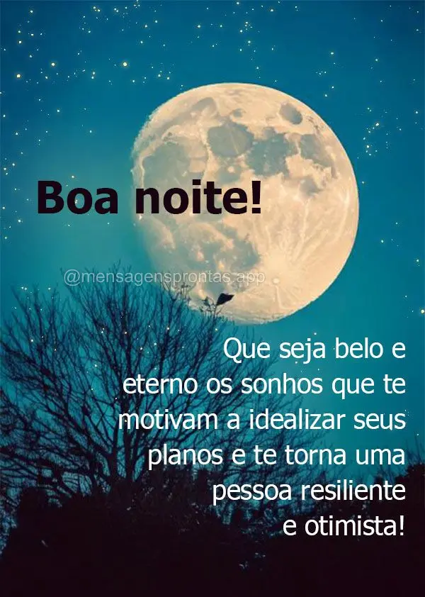 Que seja belo e eterno os sonhos que te motivam a idealizar seus planos e te torna uma pessoa resiliente e otimista! Boa noite!