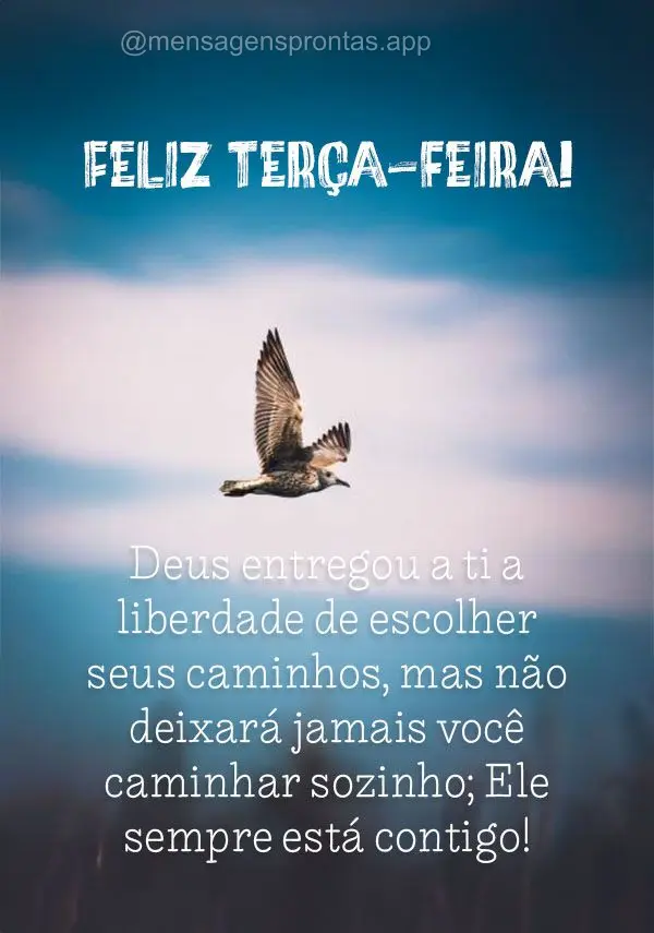 Deus entregou a ti a liberdade de escolher seus caminhos, mas não deixará jamais você caminhar sozinho; Ele sempre está contigo! Feliz Terça-feira!...