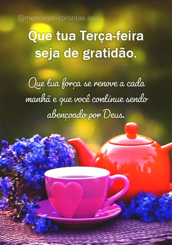 Que tua Terça-feira seja de gratidão. Que tua força se renove a cada manhã e que você continue sendo abençoado por Deus.