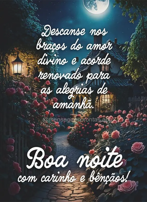 Descanse nos braços do amor divino e acorde renovado para as alegrias de amanhã.  Boa noite com carinho e bênçãos!
