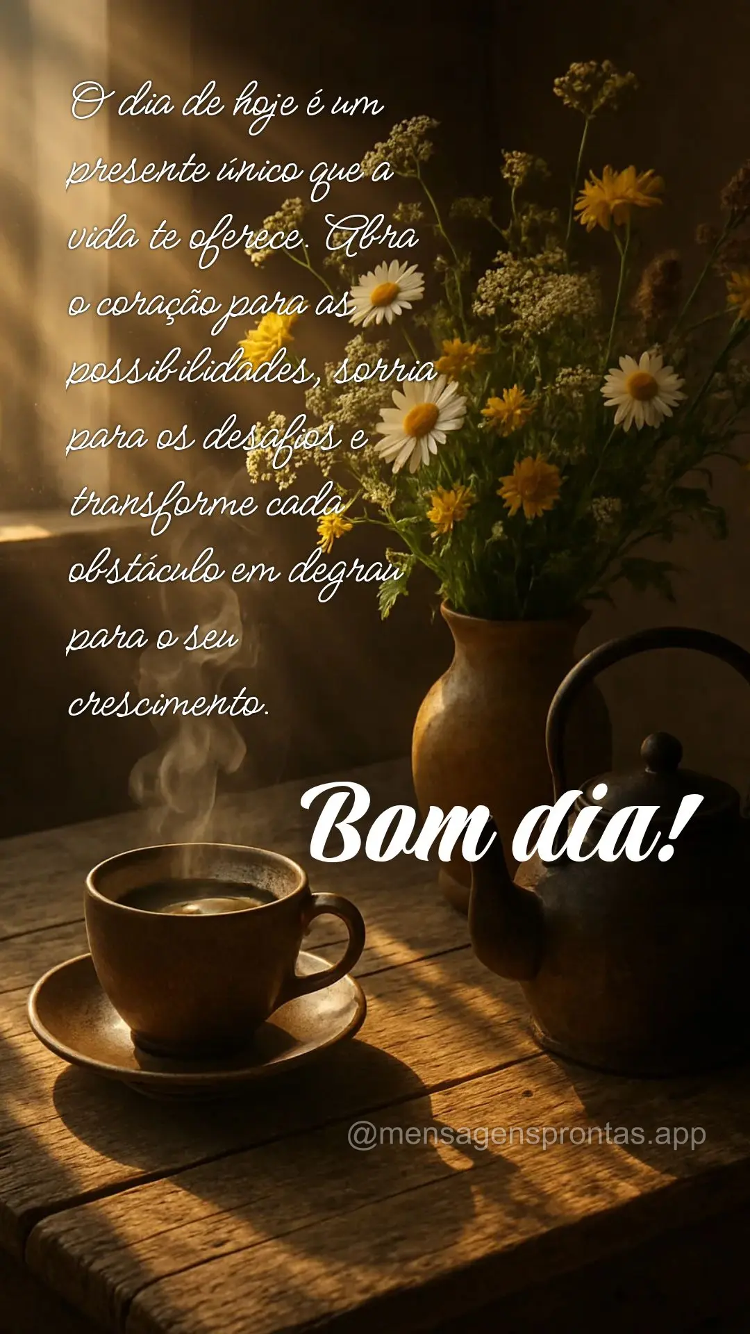 O dia de hoje é um presente único que a vida te oferece. Abra 
o coração para as possibilidades, sorria para os desafios e transforme cada obstácul...