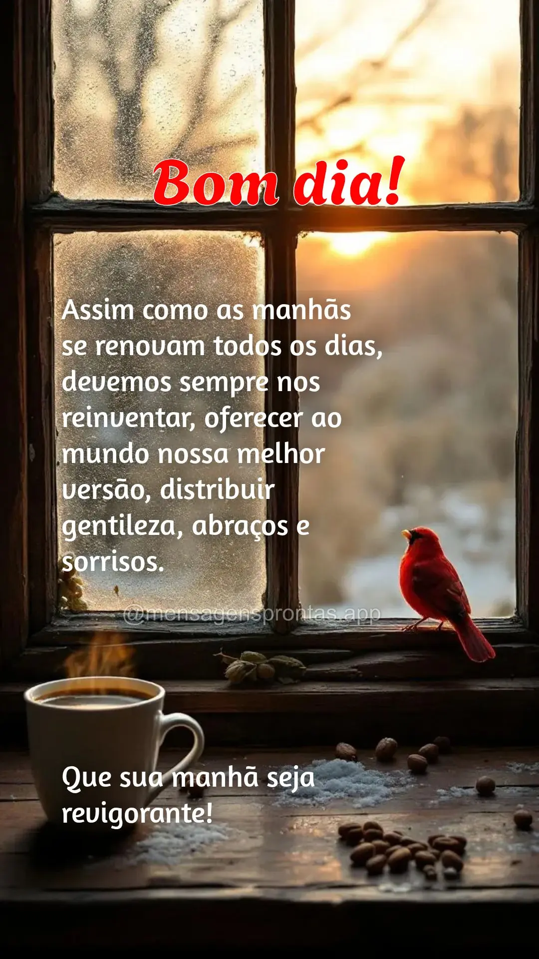Assim como as manhãs 
se renovam todos os dias, devemos sempre nos reinventar, oferecer ao 
mundo nossa melhor 
versão, distribuir 
gentileza, abra...