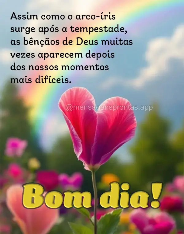 Assim como o arco-íris surge após a tempestade, as bênçãos de Deus muitas vezes aparecem depois dos nossos momentos mais difíceis. Bom dia!