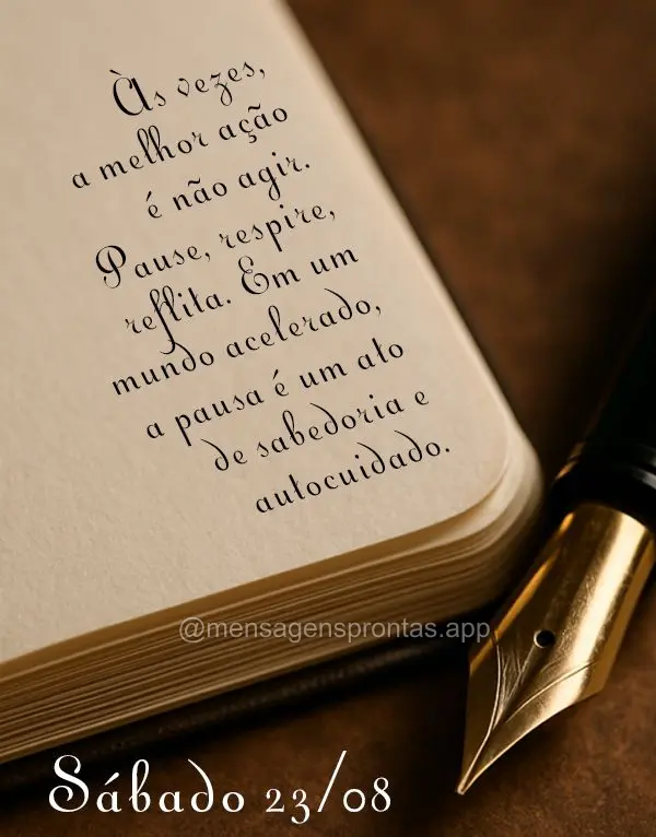 Às vezes, a melhor ação é não agir. Pause, respire, reflita. Em um mundo acelerado, a pausa é um ato de sabedoria e autocuidado. Sábado 23/08