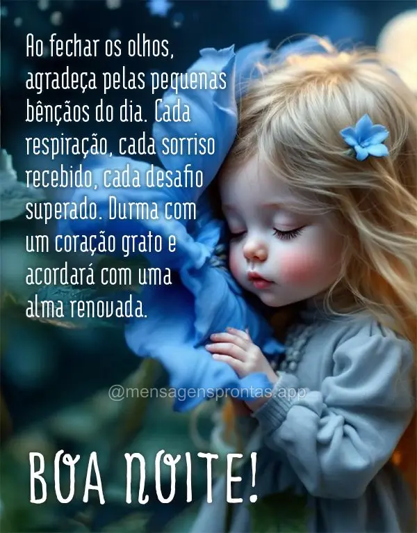 Ao fechar os olhos, agradeça pelas pequenas bênçãos do dia. Cada respiração, cada sorriso recebido, cada desafio superado. Durma com um coração g...