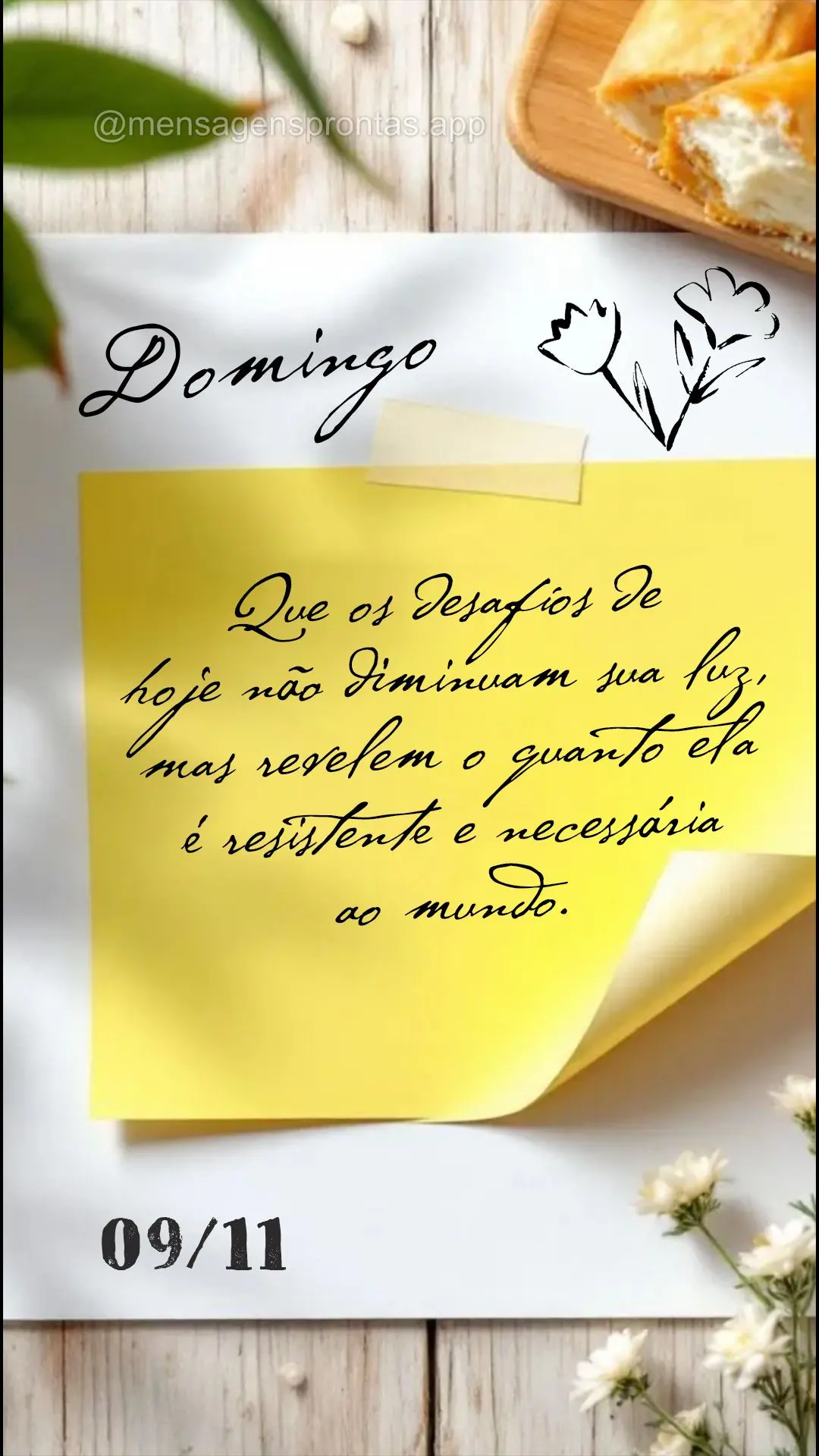 Que os desafios de hoje não diminuam sua luz, mas revelem o quanto ela é resistente e necessária ao mundo. 09/11 Domingo