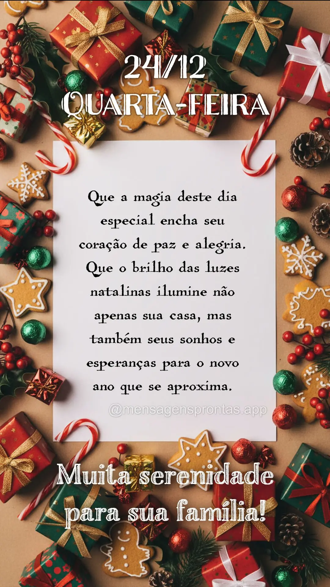 Que a magia deste dia especial encha seu coração de paz e alegria. Que o brilho das luzes natalinas ilumine não apenas sua casa, mas também seus sonh...
