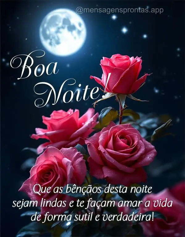 Que as bênçãos desta noite sejam lindas e te façam amar a vida de forma sutil e verdadeira! Boa noite!