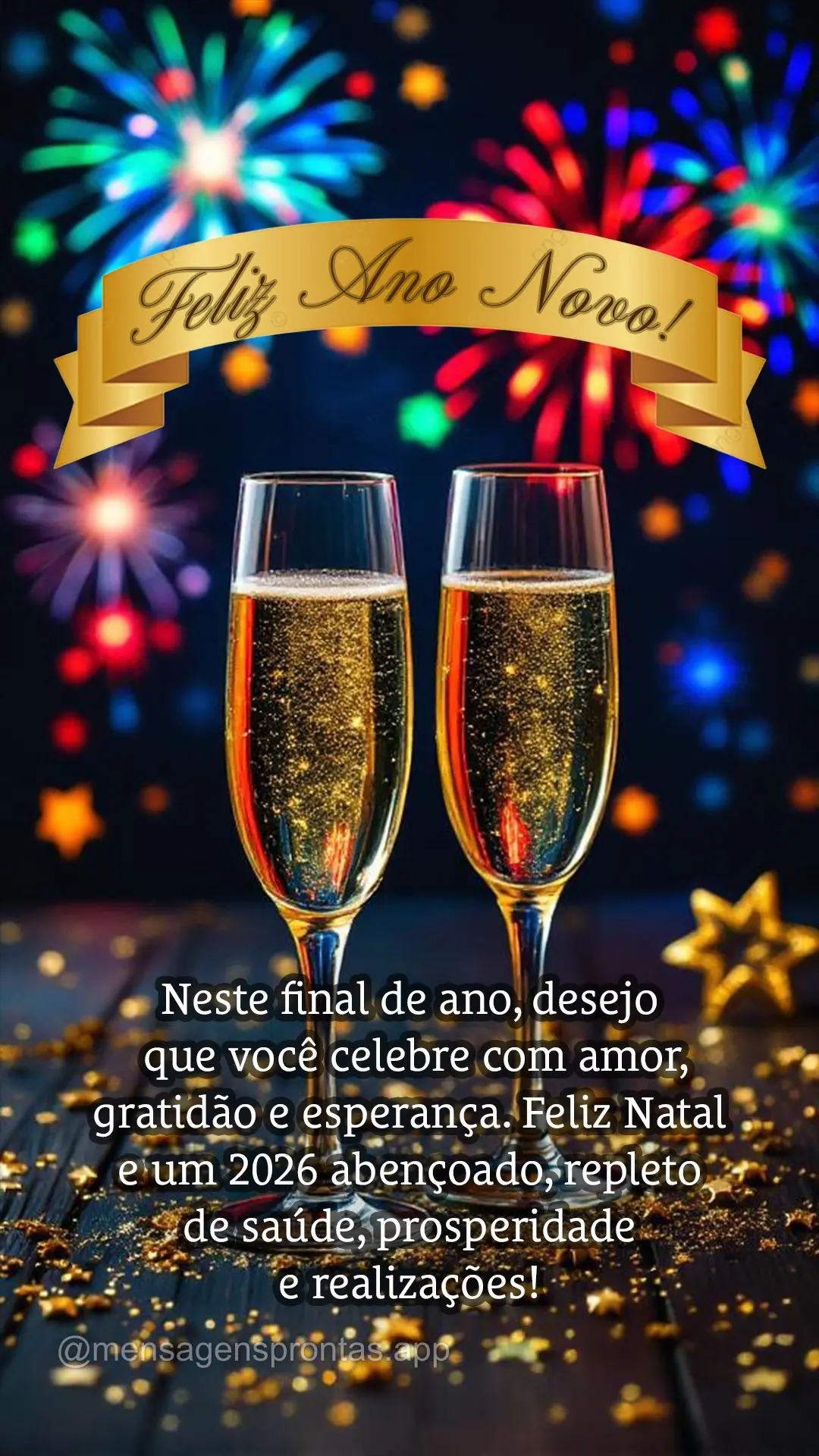 Neste final de ano, desejo que você celebre com amor, gratidão e esperança. Feliz Natal e um 2026 abençoado, repleto de saúde, prosperidade e realiz...