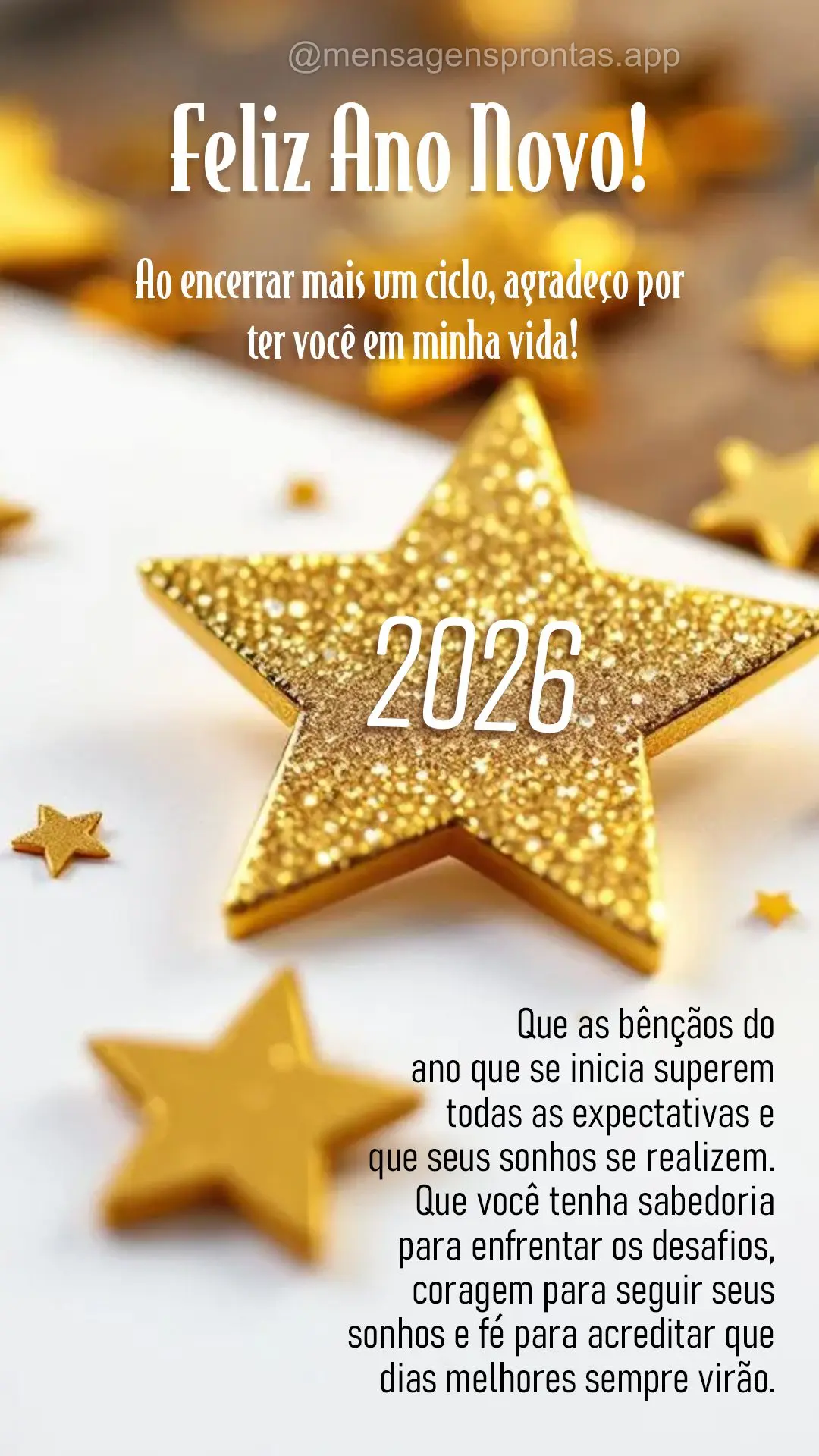 Ao encerrar mais um ciclo, agradeço por ter você em minha vida! Que as bênçãos do ano que se inicia superem todas as expectativas e que seus sonhos ...
