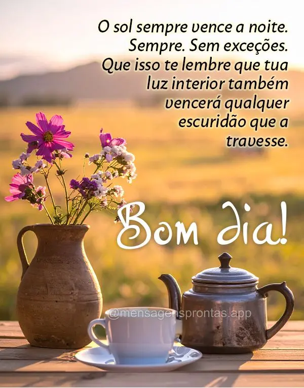 O sol sempre vence a noite. Sempre. Sem exceções. Que isso te lembre que tua luz interior também vencerá qualquer escuridão que atravesse. Bom dia!...
