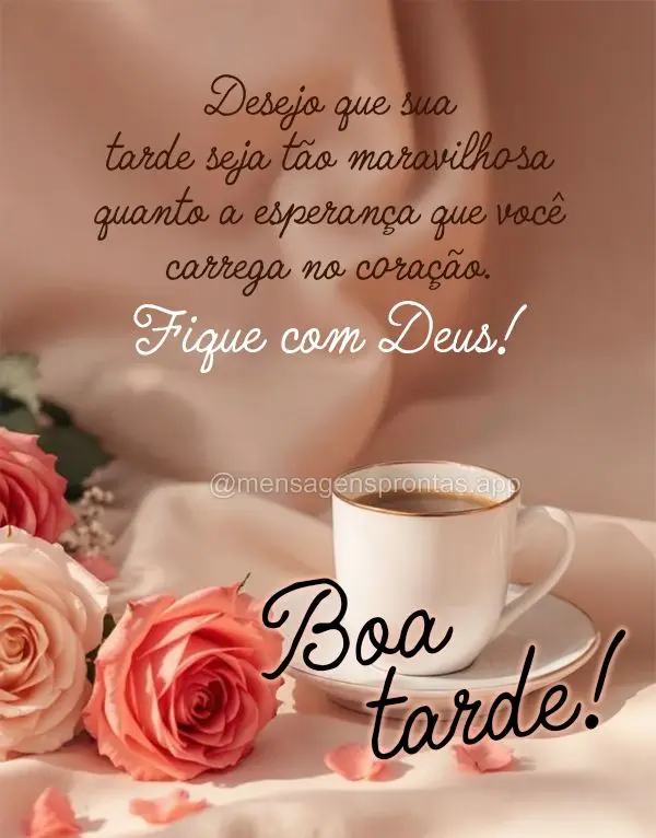 Desejo que sua tarde seja tão maravilhosa quanto a esperança que você carrega no coração. Fique com Deus! Boa tarde!