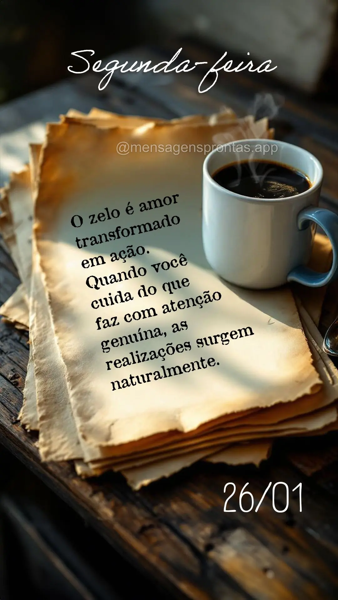 O zelo é amor transformado em ação. Quando você cuida do que faz com atenção genuína, as realizações surgem naturalmente. 26/01 Segunda-feira