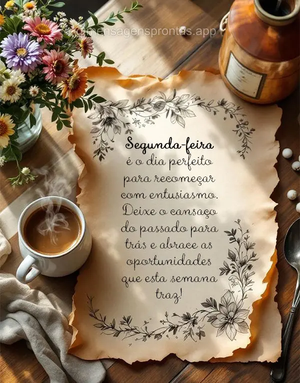 Segunda-feira é o dia perfeito para recomeçar com entusiasmo. Deixe o cansaço do passado para trás e abrace as oportunidades que esta semana traz!