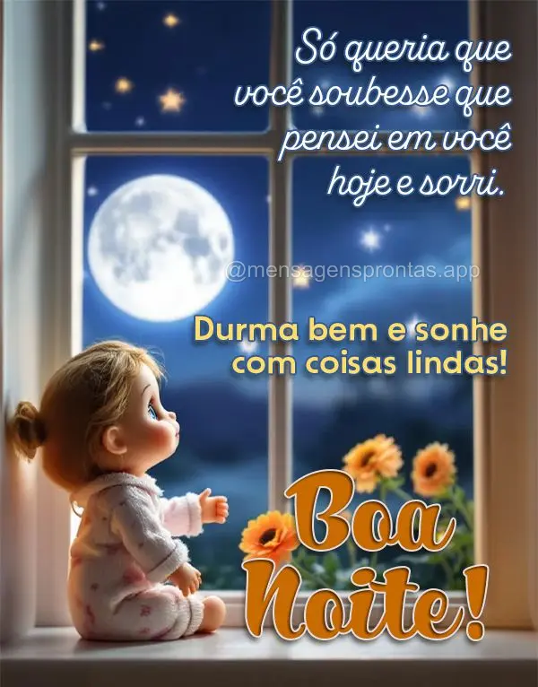  Só queria que você soubesse que pensei em você hoje e sorri. Durma bem e sonhe com coisas lindas! Boa noite!