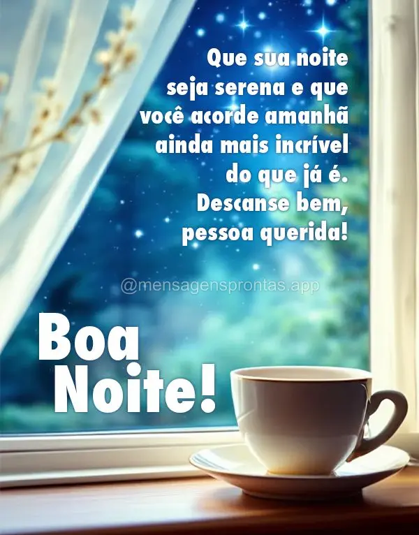 Que sua noite seja serena e que você acorde amanhã ainda mais incrível do que já é. Descanse bem, pessoa querida! Boa noite!