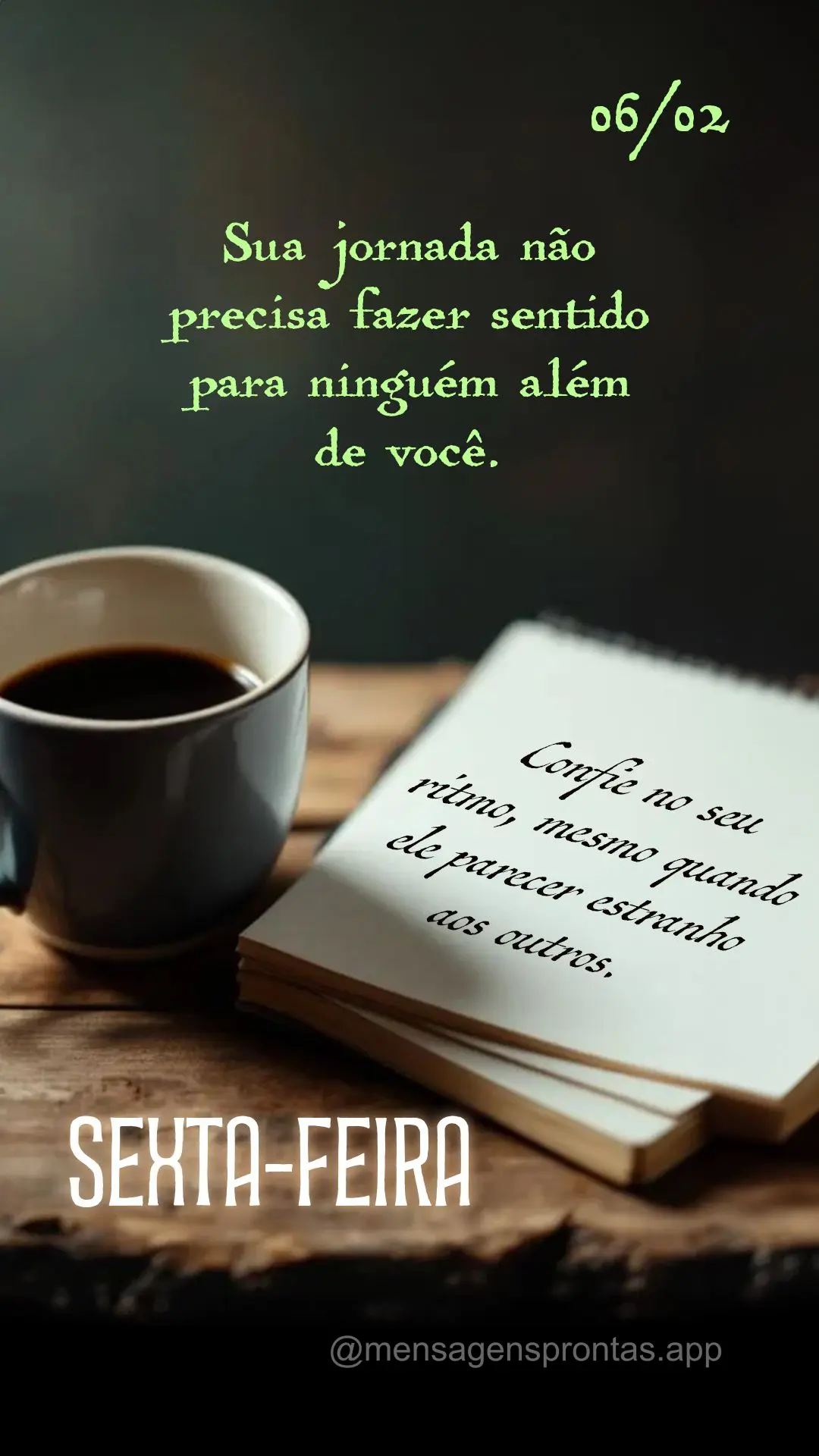 Sua jornada não precisa fazer sentido para ninguém além de você. Confie no seu ritmo, mesmo quando ele parecer estranho aos outros. 06/02 Sexta-feira...
