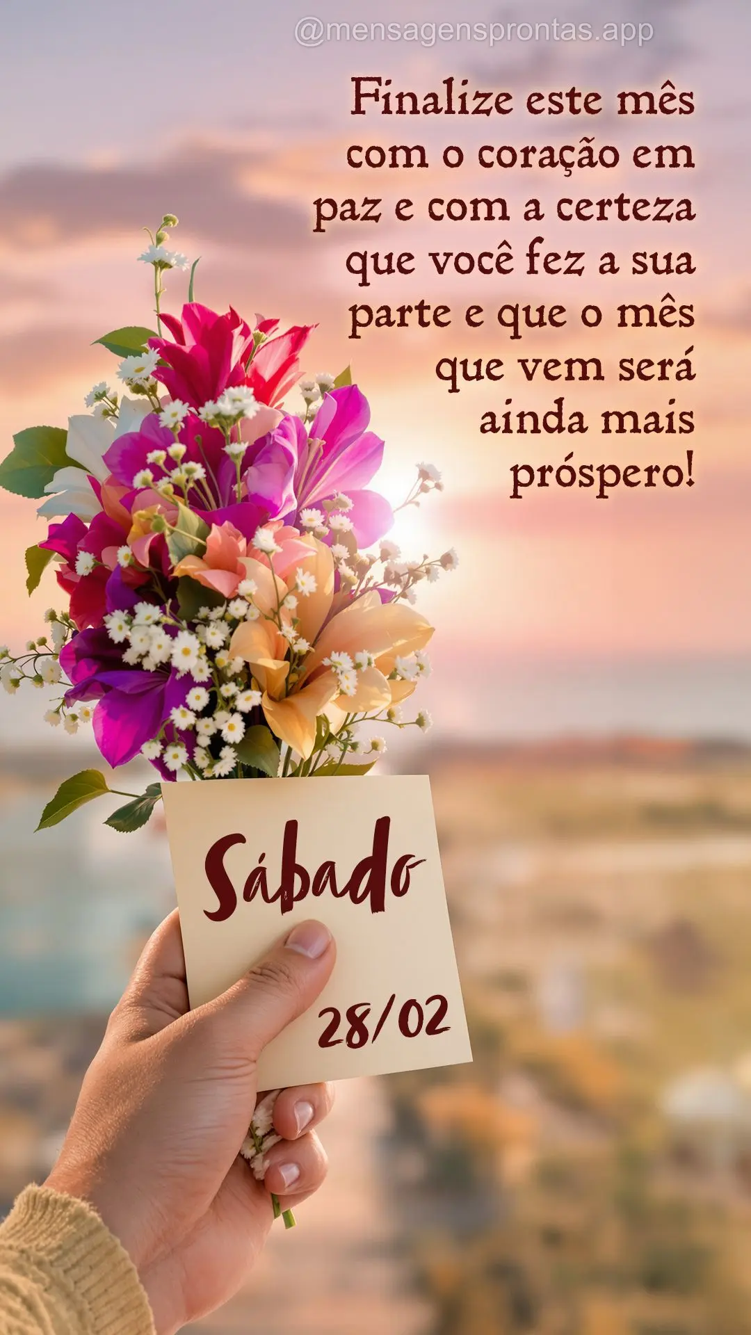 Finalize este mês com o coração em paz e com a certeza que você fez a sua parte e que o mês que vem será ainda mais próspero!  28/02 Sábado