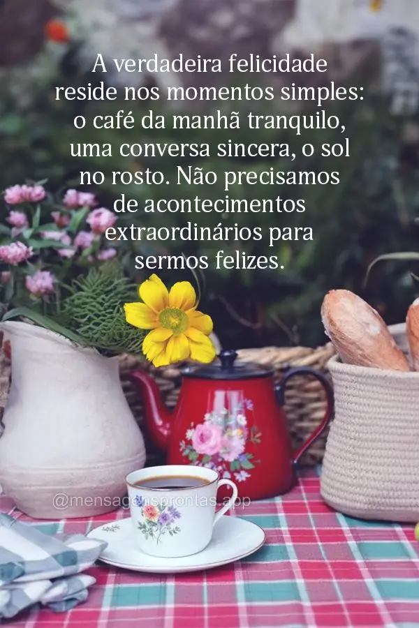 A verdadeira felicidade reside nos momentos simples: o café da manhã tranquilo, uma conversa sincera, o sol no rosto. Não precisamos de acontecimentos...