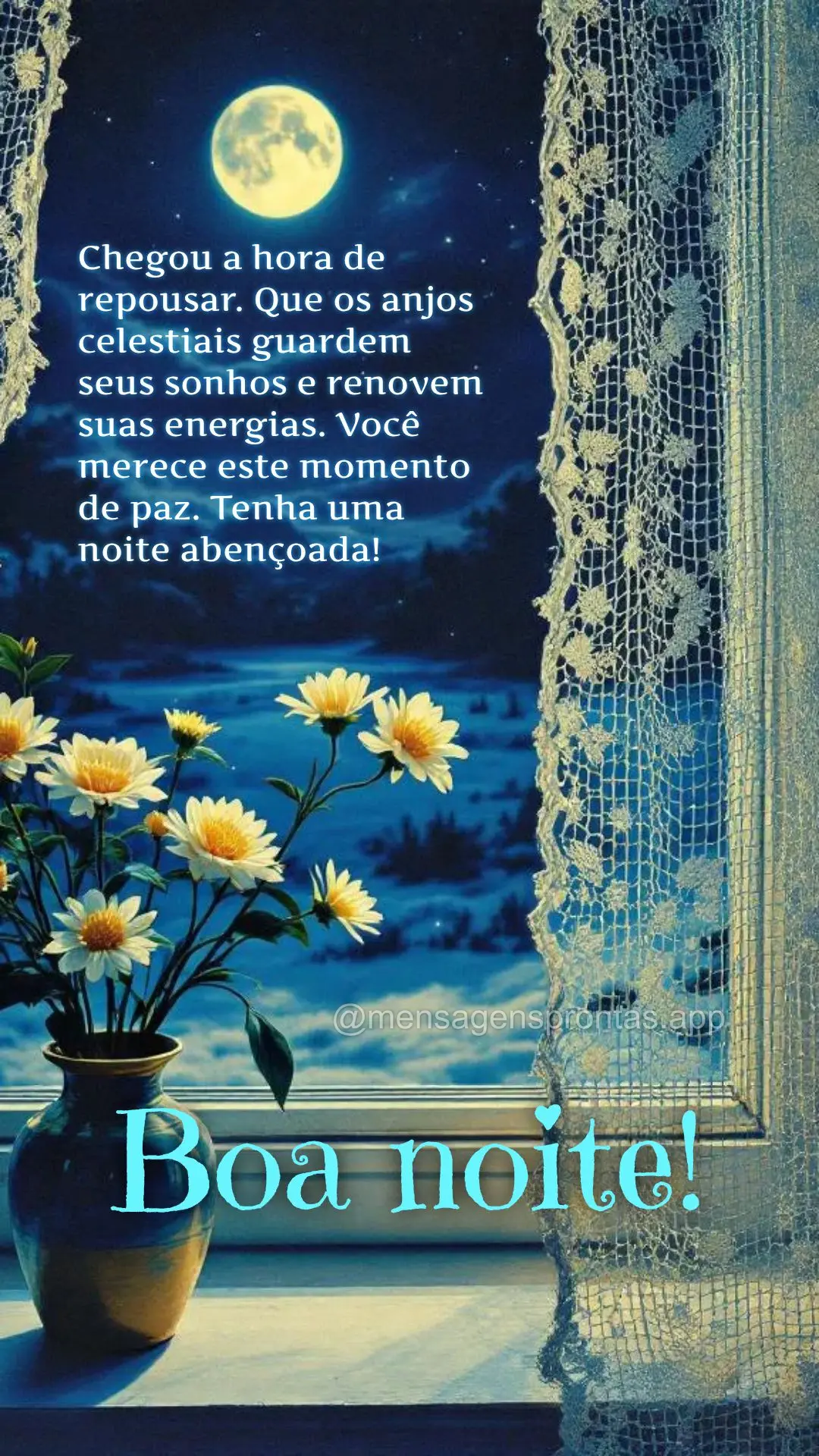 Chegou a hora de repousar. Que os anjos celestiais guardem seus sonhos e renovem suas energias. Você merece este momento de paz. Tenha uma noite abenço...