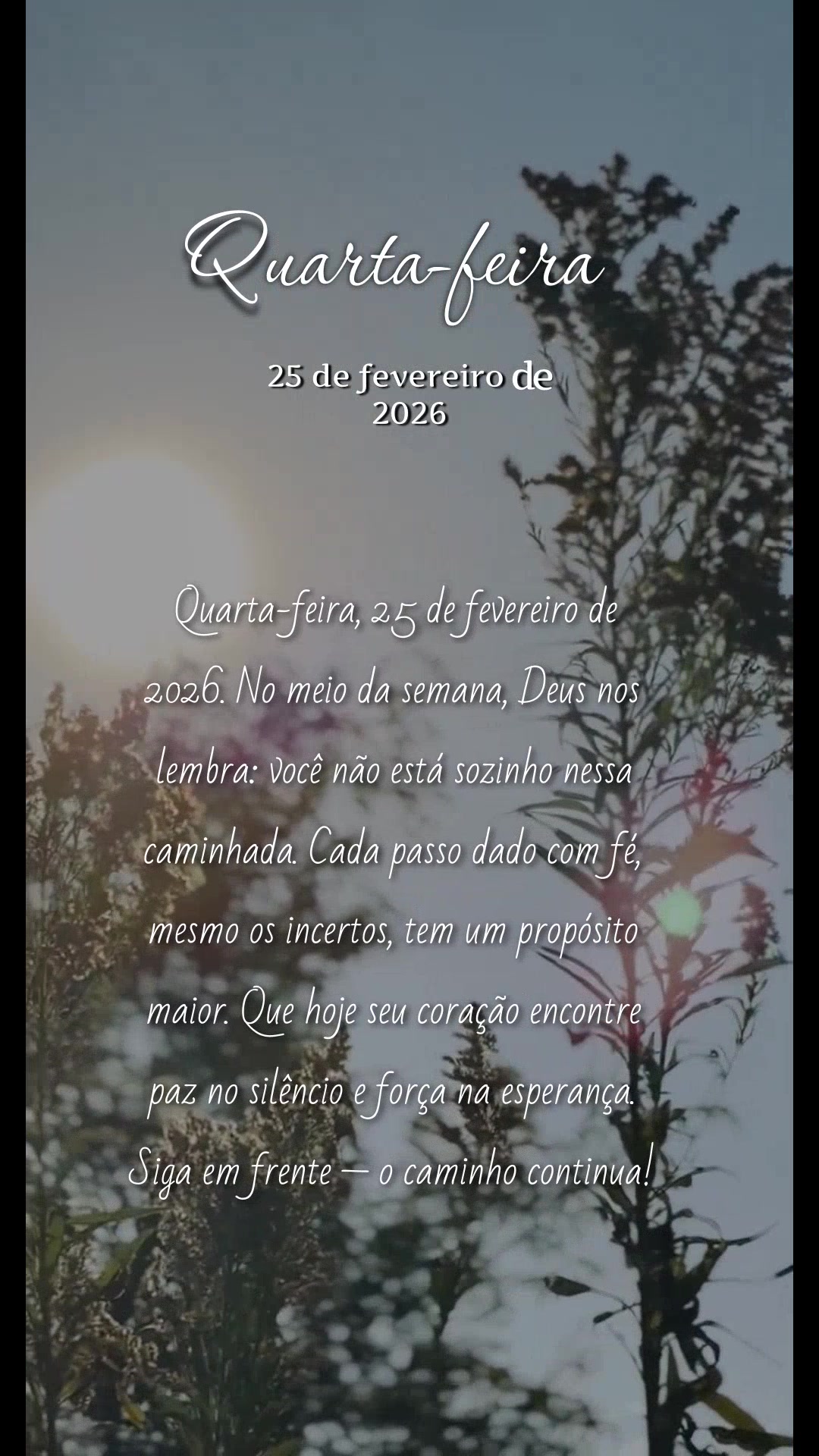 Quarta-feira, 25 de fevereiro de 2026. No meio da semana, Deus nos lembra: você não está sozinho nessa caminhada. Cada passo dado com fé, mesmo os in...