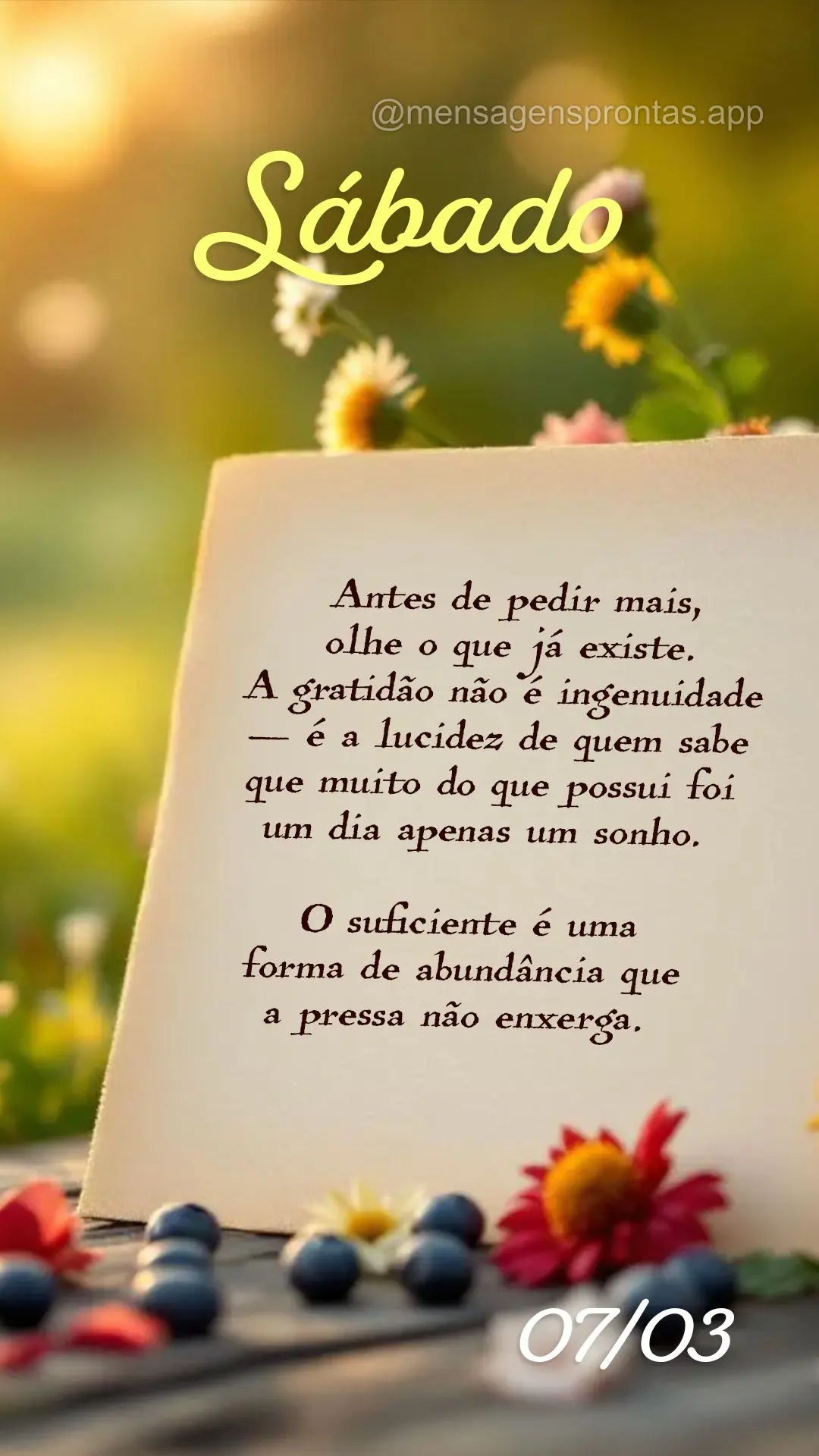 Antes de pedir mais, olhe o que já existe. A gratidão não é ingenuidade — é a lucidez de quem sabe que muito do que possui foi um dia apenas um so...