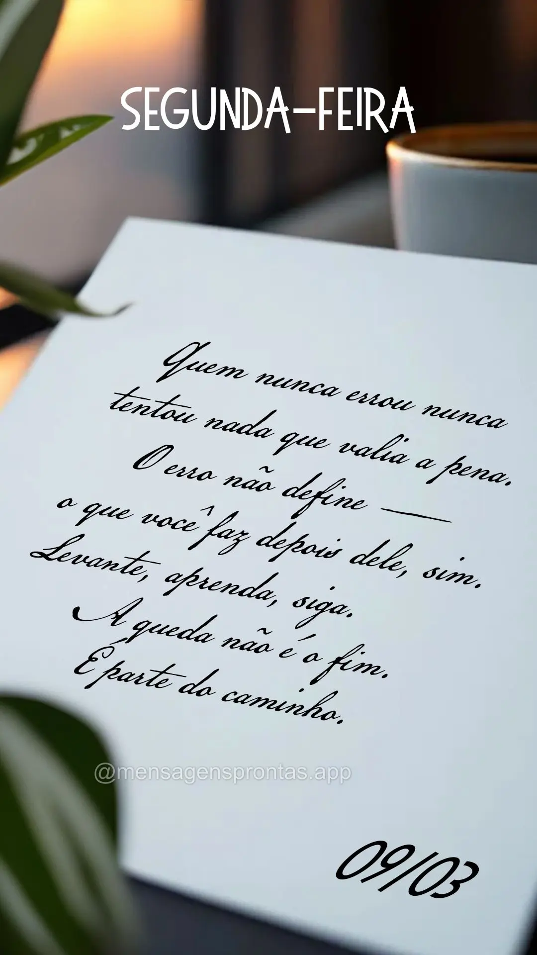 Quem nunca errou nunca tentou nada que valia a pena. O erro não define — o que você faz depois dele, sim. Levante, aprenda, siga. A queda não é o f...