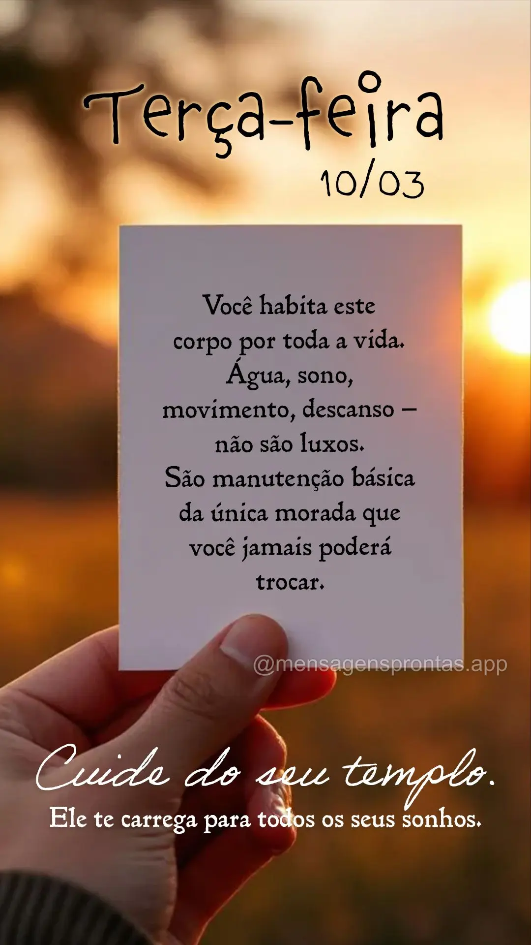 Você habita este corpo por toda a vida. Água, sono, movimento, descanso — não são luxos. São manutenção básica da única morada que você jamai...